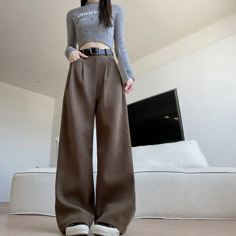 Damen-Cordhose mit weitem Bein, hohe Taille