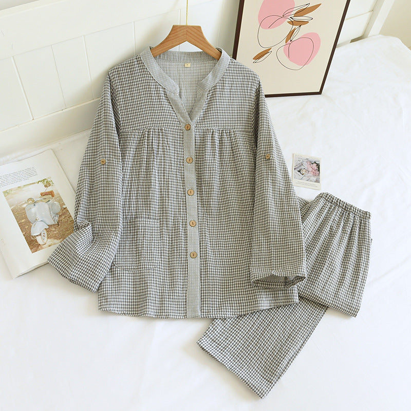 Damen-Pyjama-Set aus Baumwoll-Doppelgaze im Karomuster