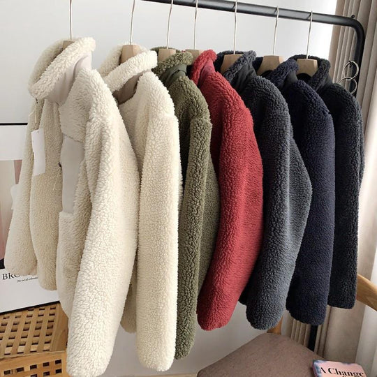 Winddichte Lammfell-Imitat Jacke mit Stehkragen