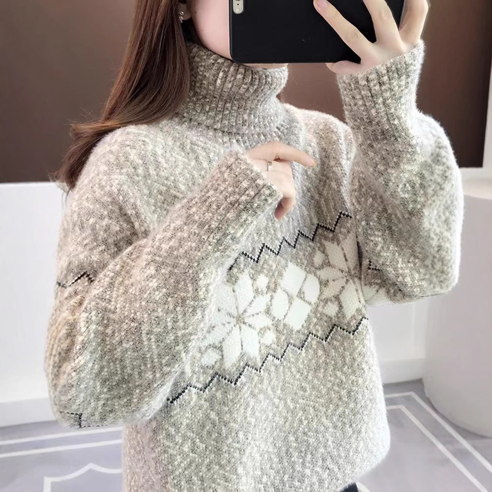 Damen-Strickpullover mit Schneeflockenmuster und Stehkragen