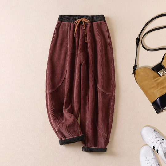 Damen-Cordhose, gefüttert, mit Bindegürtel, schmal zulaufend