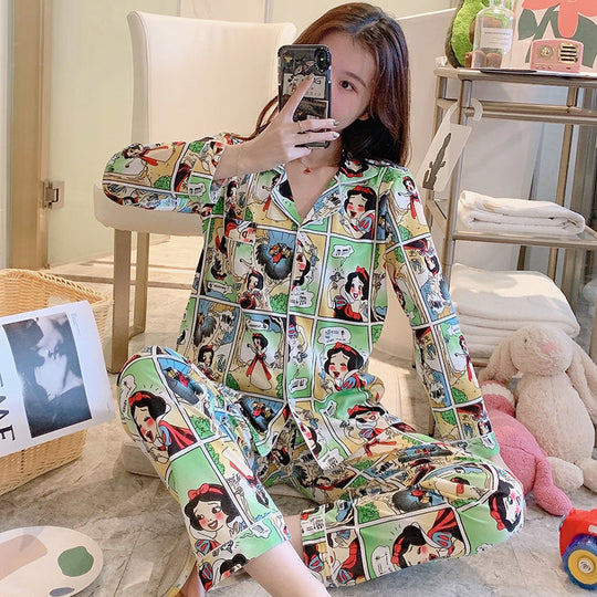 Damen-Pyjama-Set, langärmelig, geknöpft, verspieltes Design