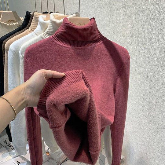 Gefütterter Damen-Rollkragenpullover, gestrickt, schmal geschnitten