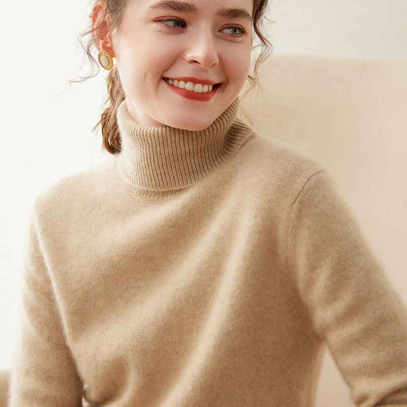 Damen-Kaschmirpullover, hochgeschlossen, zweifädig, gestrickt