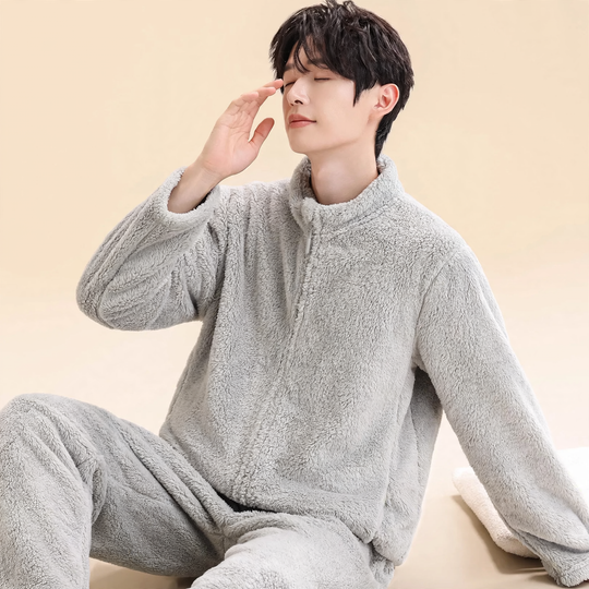 Herren-Pyjama-Set aus Korallenfleece, gefüttert, mit Reißverschluss