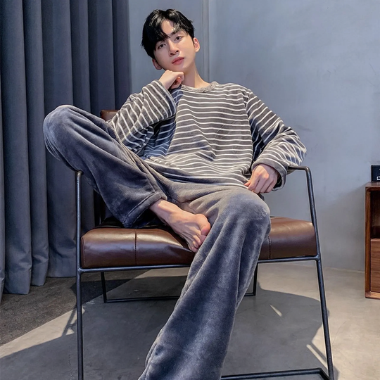 Herren-Pyjama-Set, Korallenfleece, warm und gefüttert