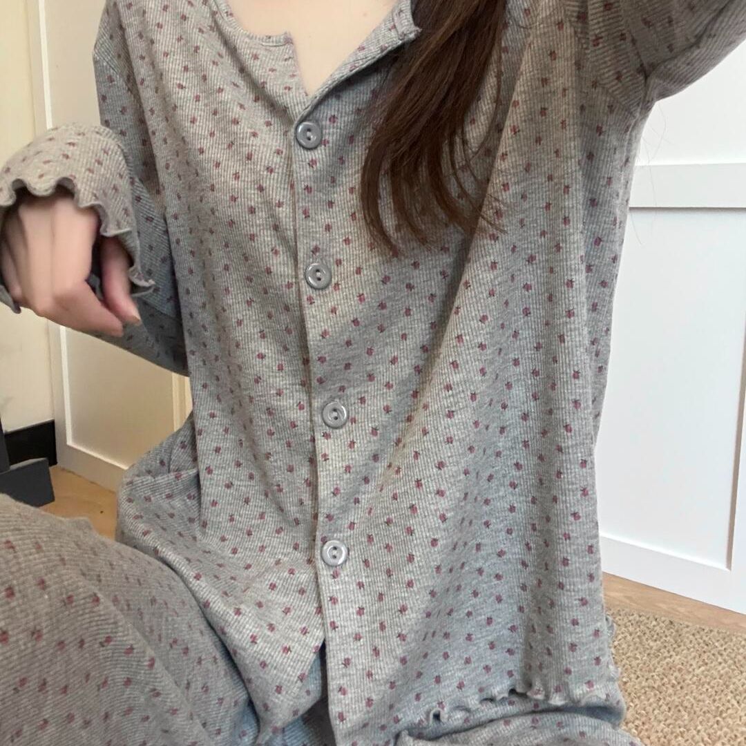 Damen-Pyjama-Set, floral, langärmelig, geknöpft