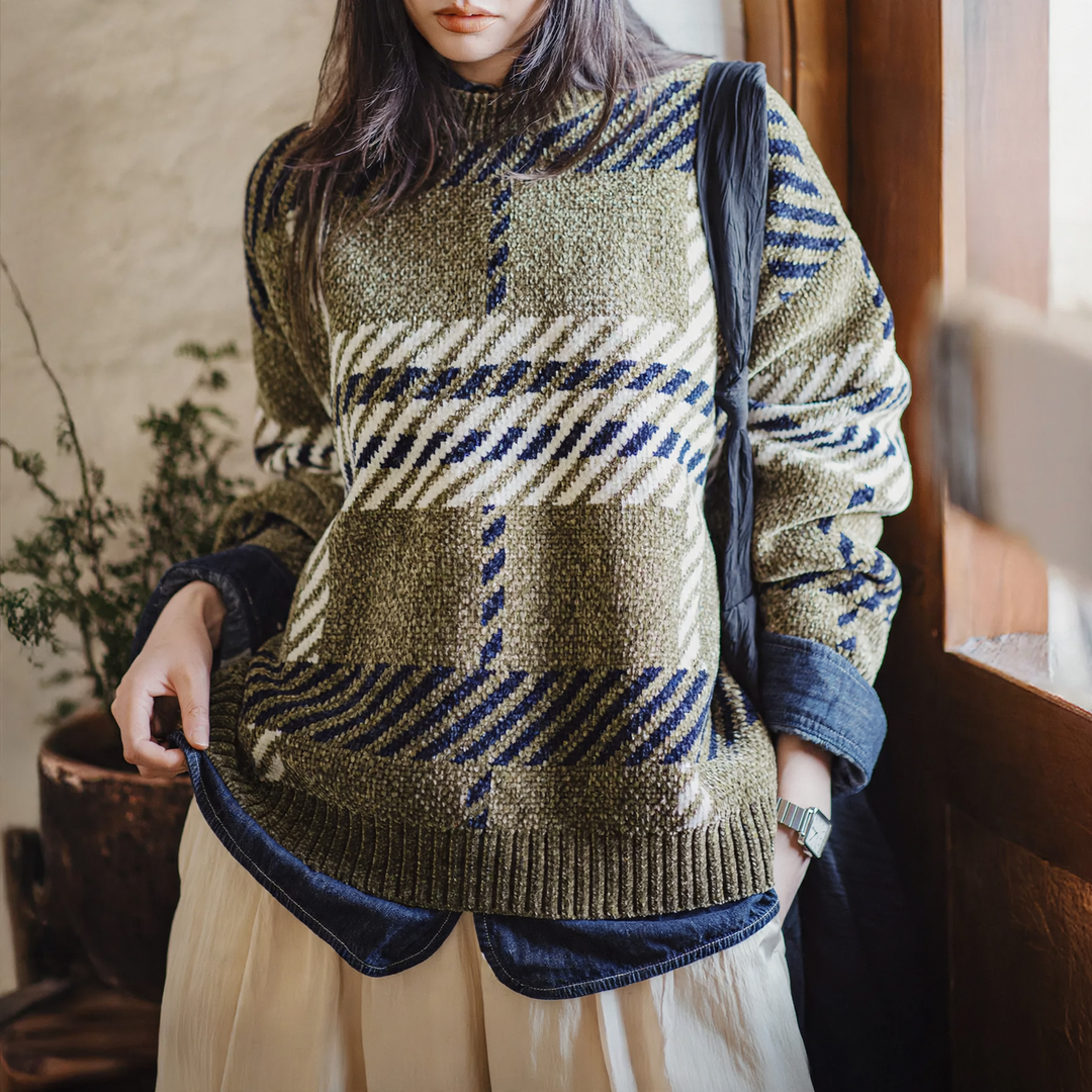 Damen-Strickpullover, Chenille, kariert, locker