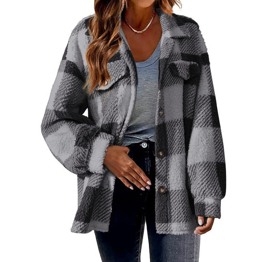 Karo-Jacke aus Lammfleece-Imitat mit Taschen
