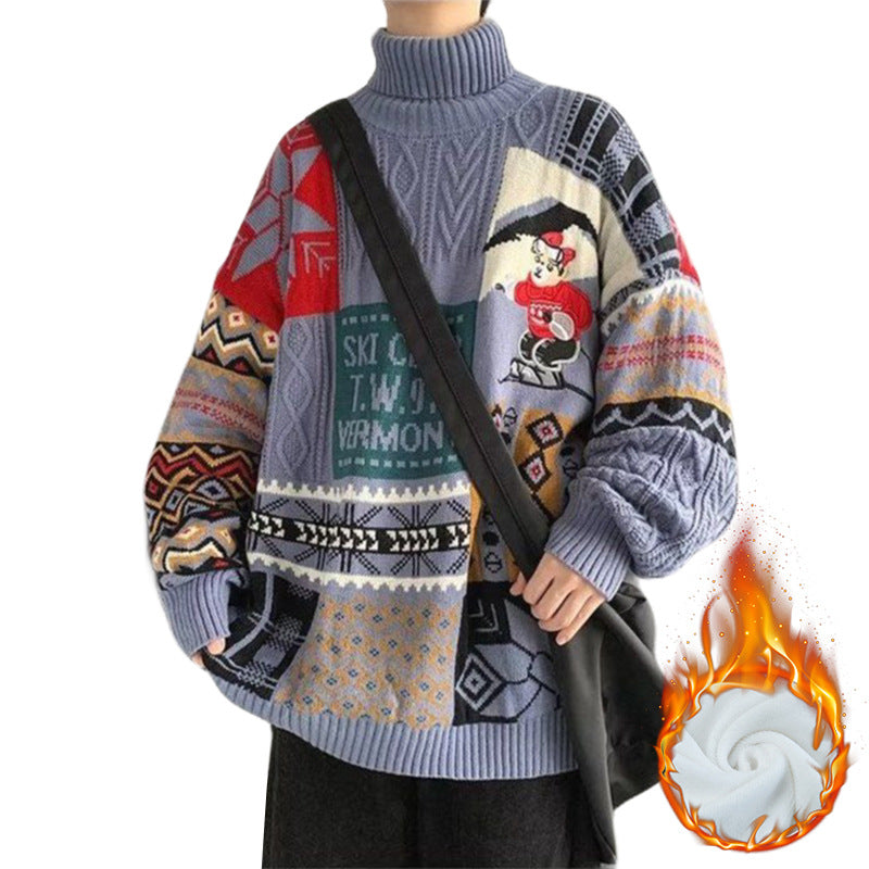Herren-Strickpullover mit Bären-Stickerei und Stehkragen