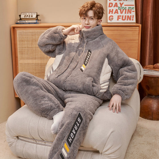 Herren-Pyjama-Set, Korallenfleece, gefüttert, warm