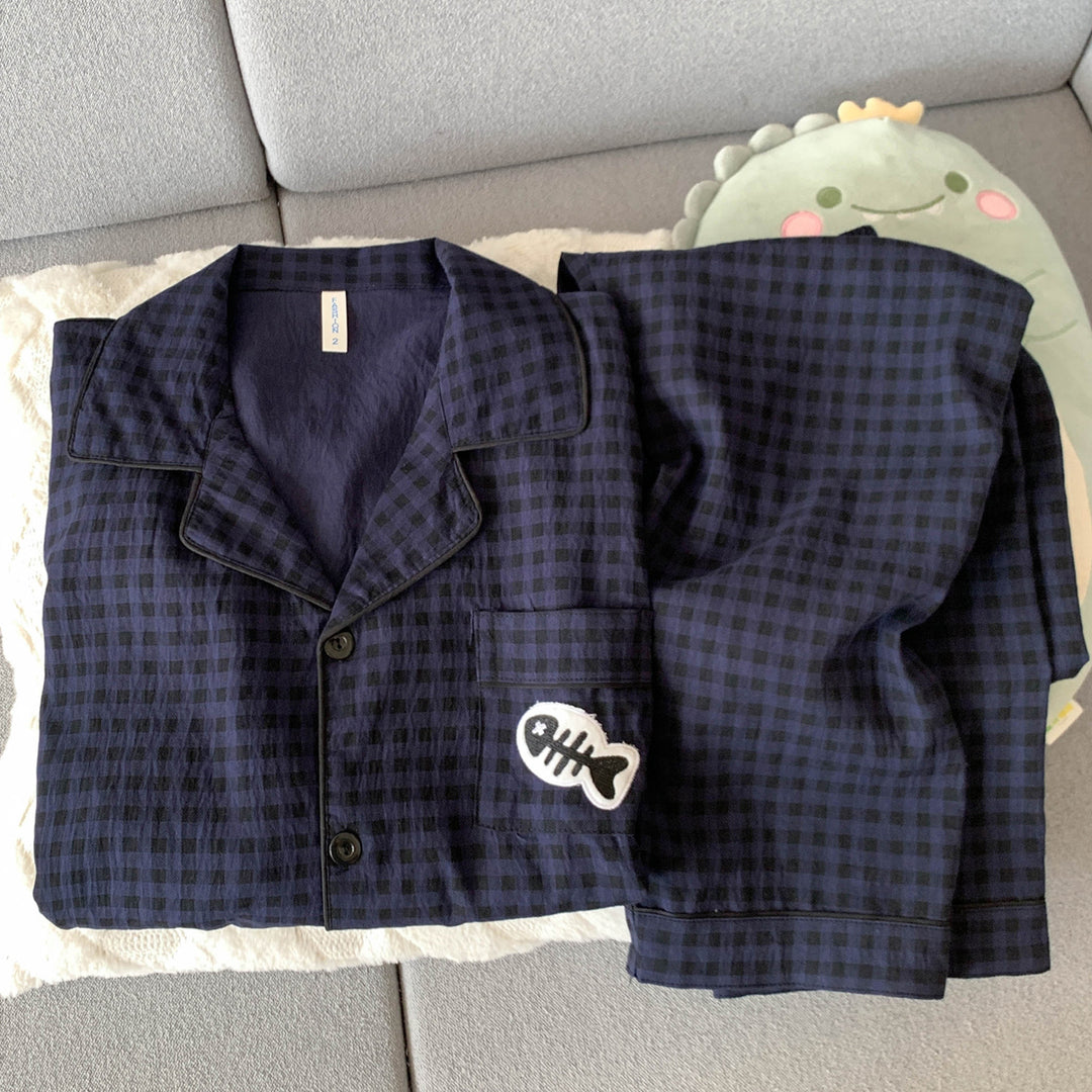Herren-Pyjama-Set, Baumwoll-Musselin, Langarm, kariert