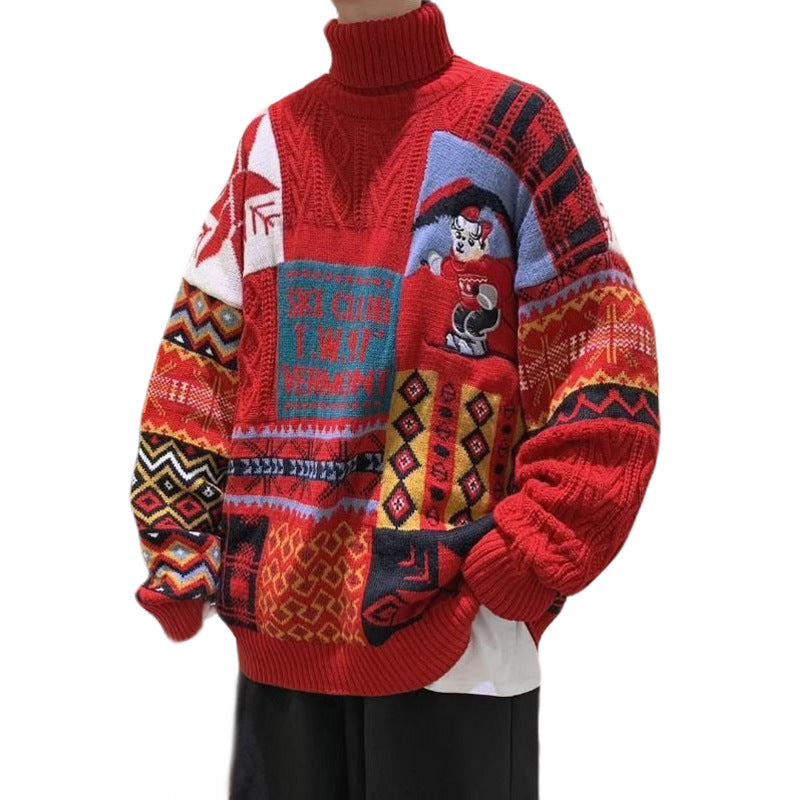 Herren-Strickpullover mit Bären-Stickerei und Stehkragen
