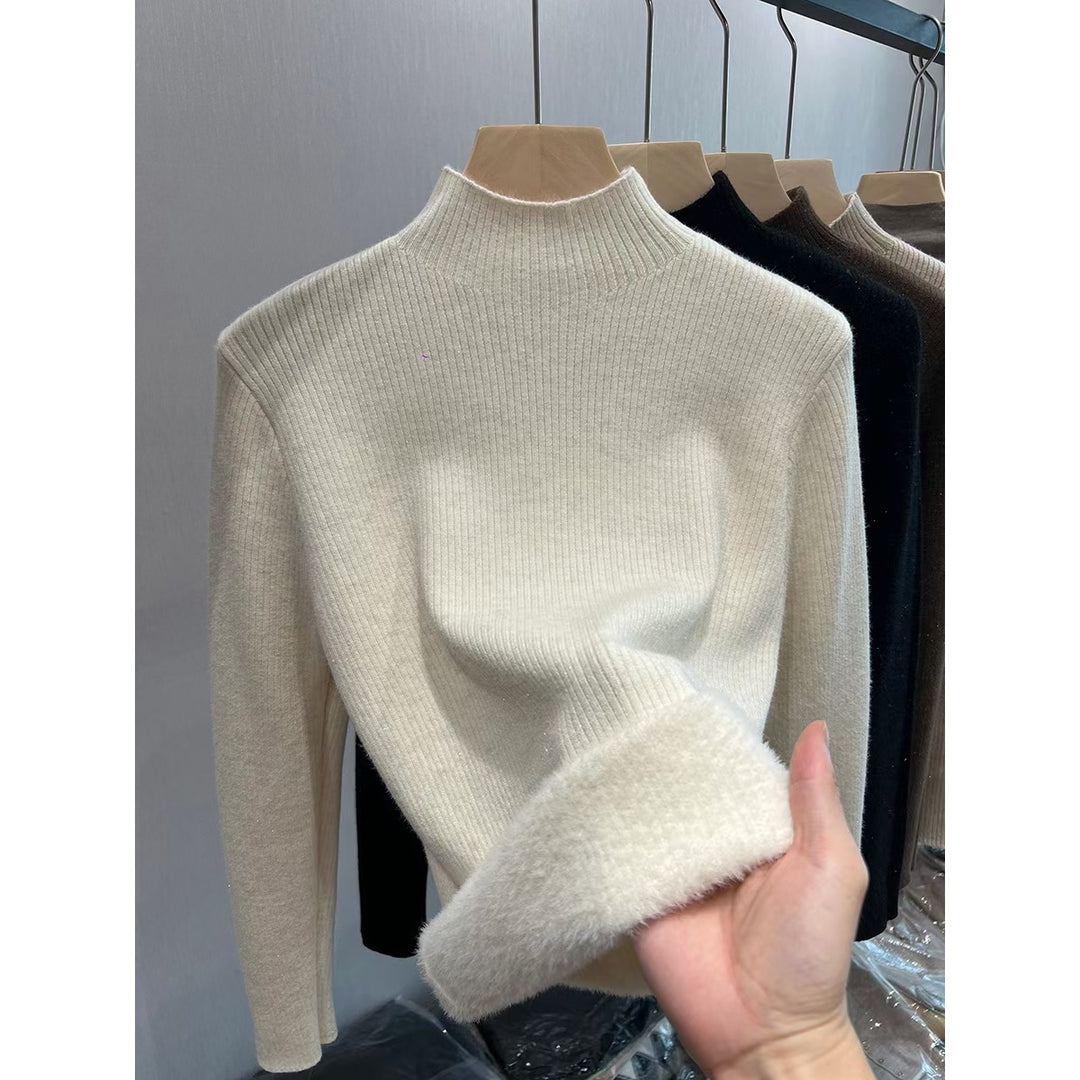 Damen-Strickpullover, gefüttert, Stehkragen, warm