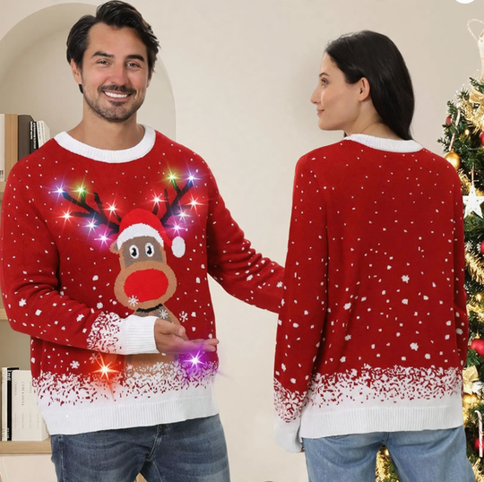 Weihnachtspullover mit Rentier-Motiv und LED-Licht