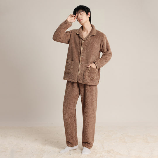 Paar-Schlafanzug aus Korallenfleece, warm, mit Revers