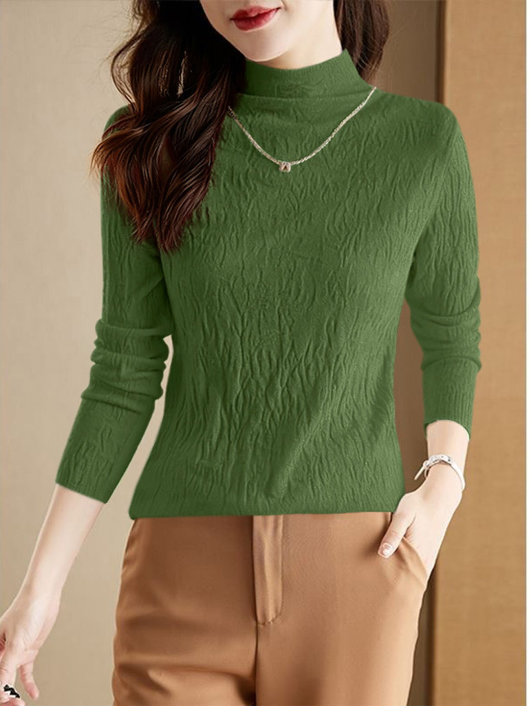 Damen-Wollpullover mit Stehkragen, strukturiert