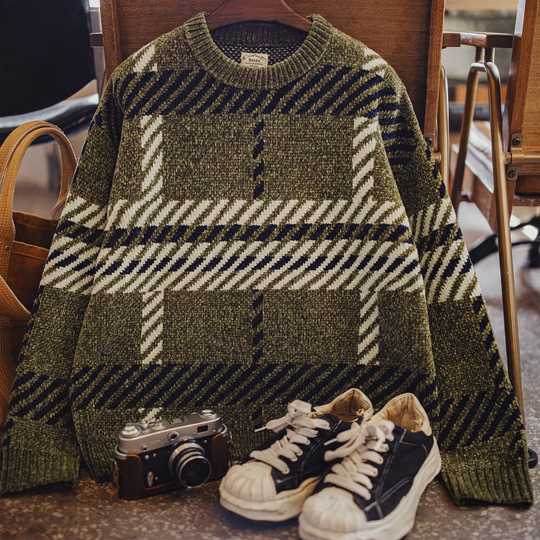Damen-Strickpullover, Chenille, kariert, locker