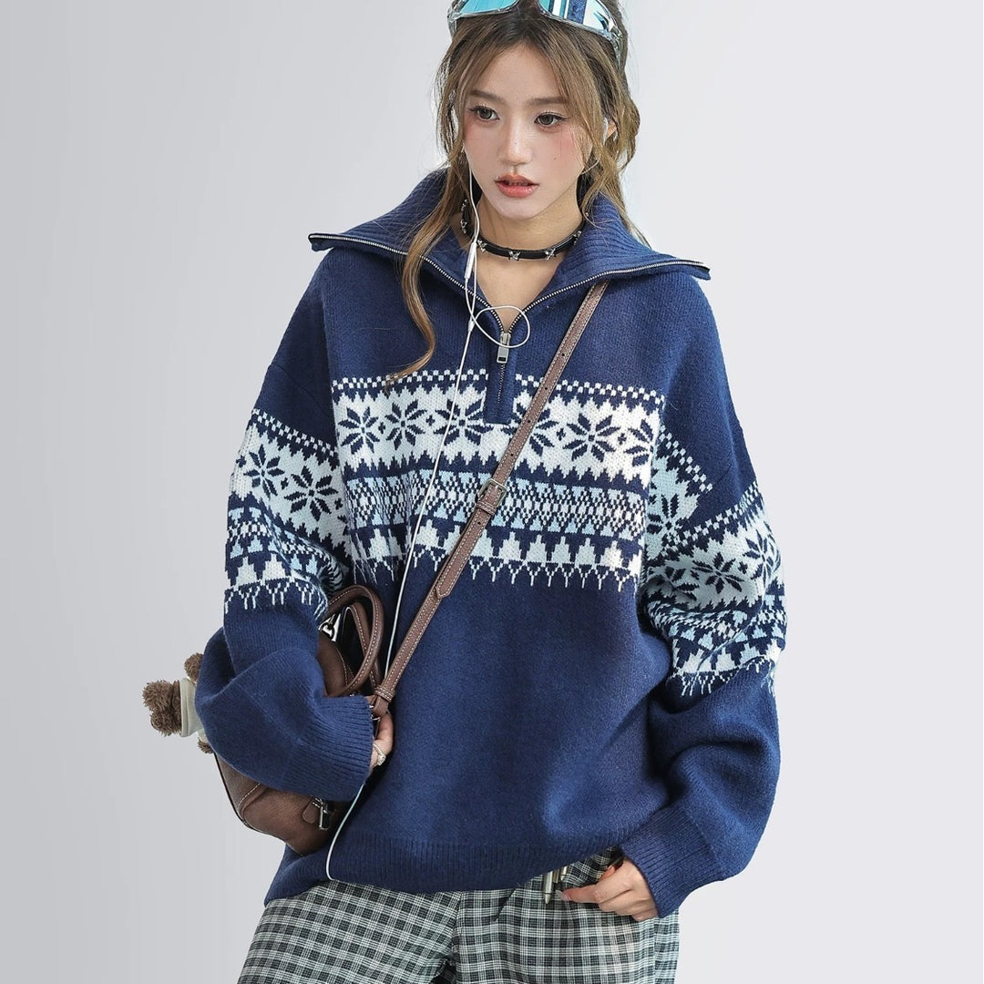 Damen-Strickpullover mit Reißverschluss und Kragen