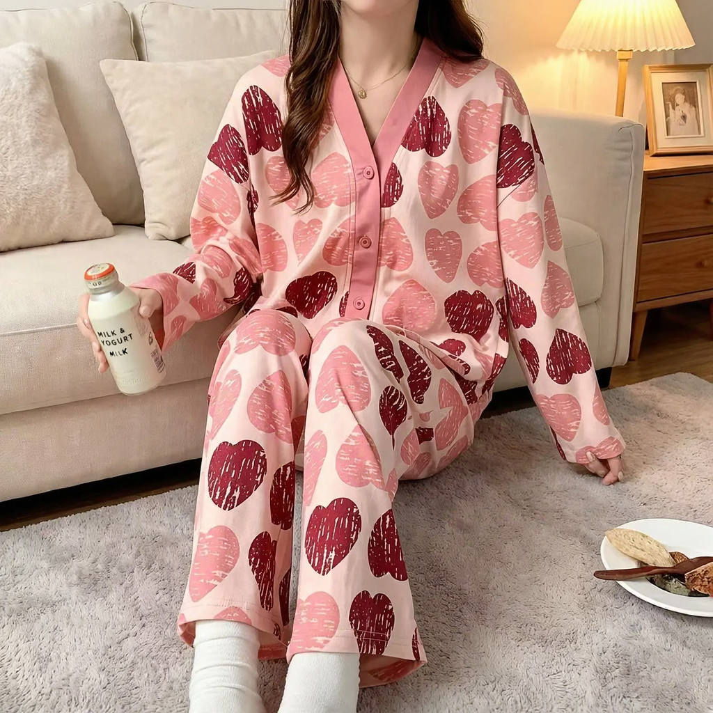Damen-Hausanzug, langärmelig, Cartoon-Stil, bequem