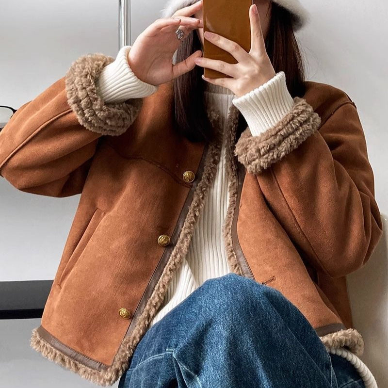 Damen-Winterjacke, Plüsch-Optik, gefüttert, lässiger Stil