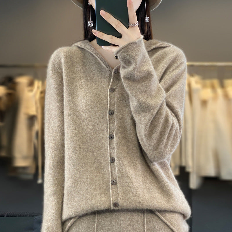 Damen-Strickjacke aus Merinowolle mit Kapuze