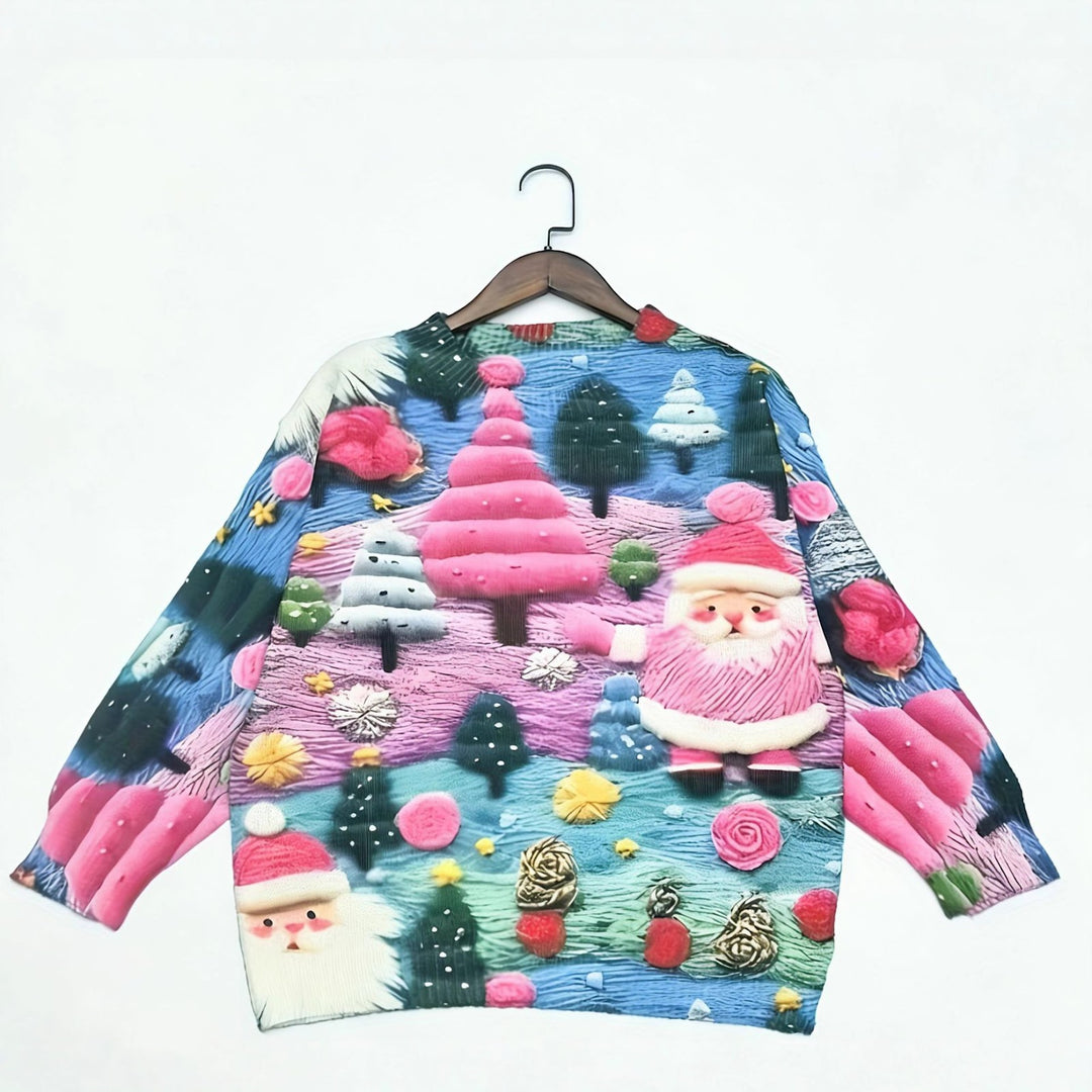 Damen-Weihnachtspullover mit 3D-Weihnachtsmann-Druck