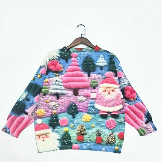 Damen-Weihnachtspullover mit 3D-Weihnachtsmann-Druck