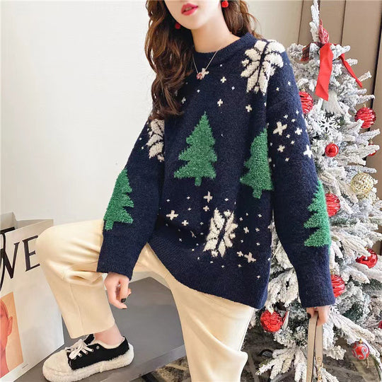 Damen Weihnachtspullover, 3D-Muster, lockerer Schnitt