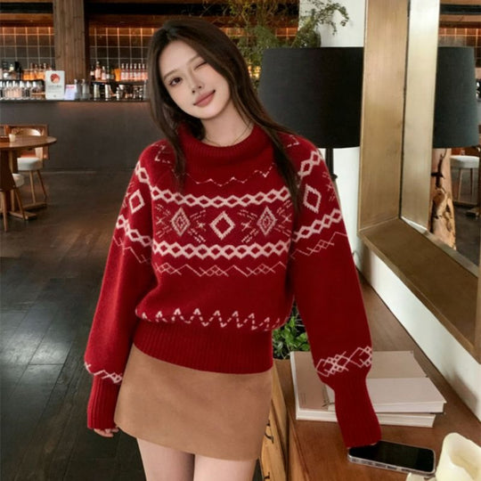 Roter Fair-Isle-Strickpullover mit Rollkragen
