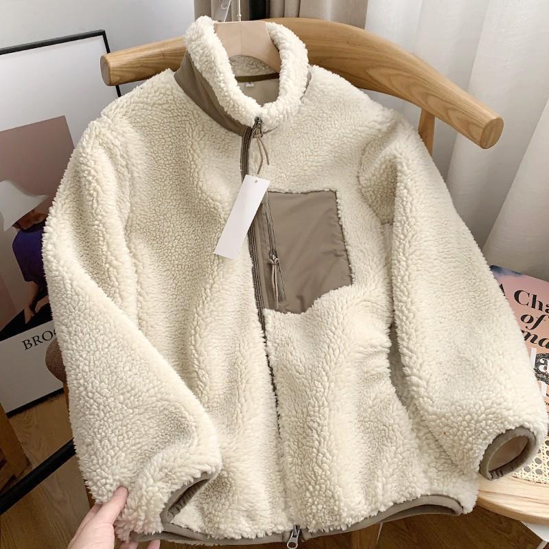 Lammfleece-Jacke mit Stehkragen und Taschen