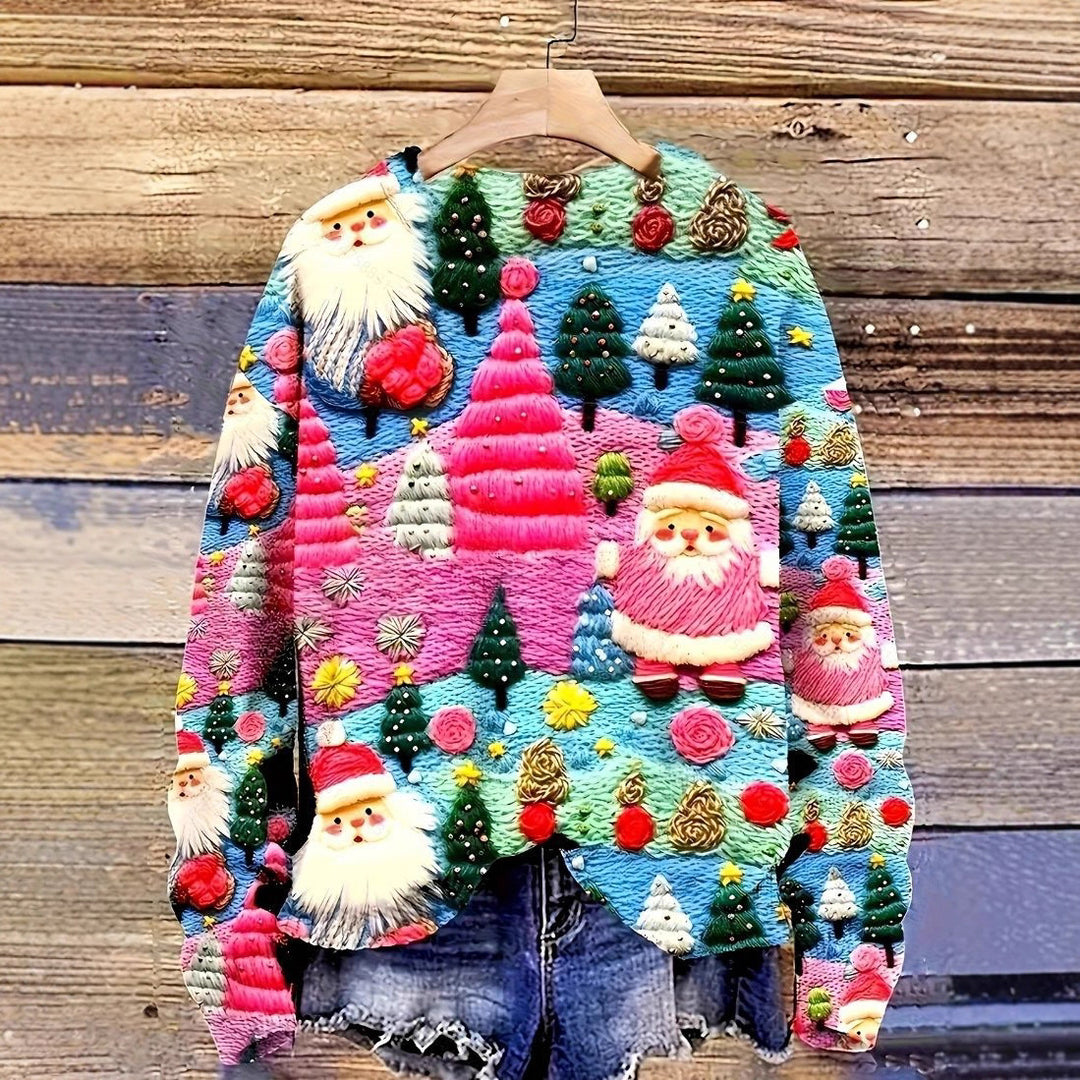 Damen-Weihnachtspullover mit 3D-Weihnachtsmann-Druck