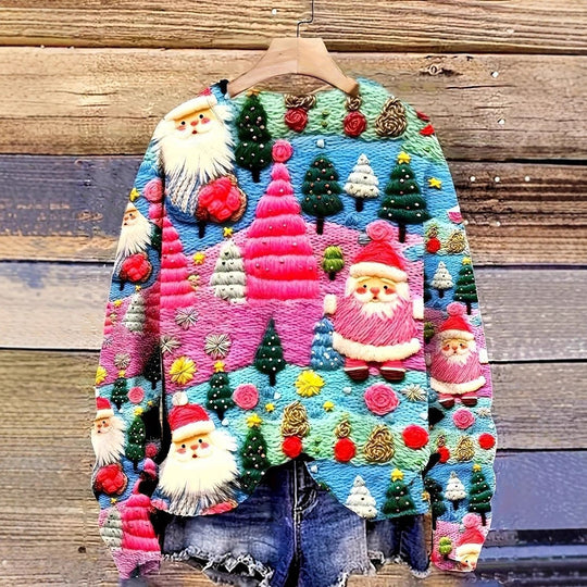 Damen-Weihnachtspullover mit 3D-Weihnachtsmann-Druck