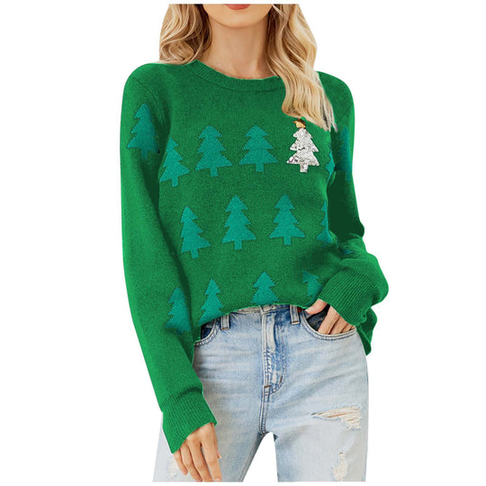 Festlicher Strickpullover mit Weihnachtsbaum-Stickerei
