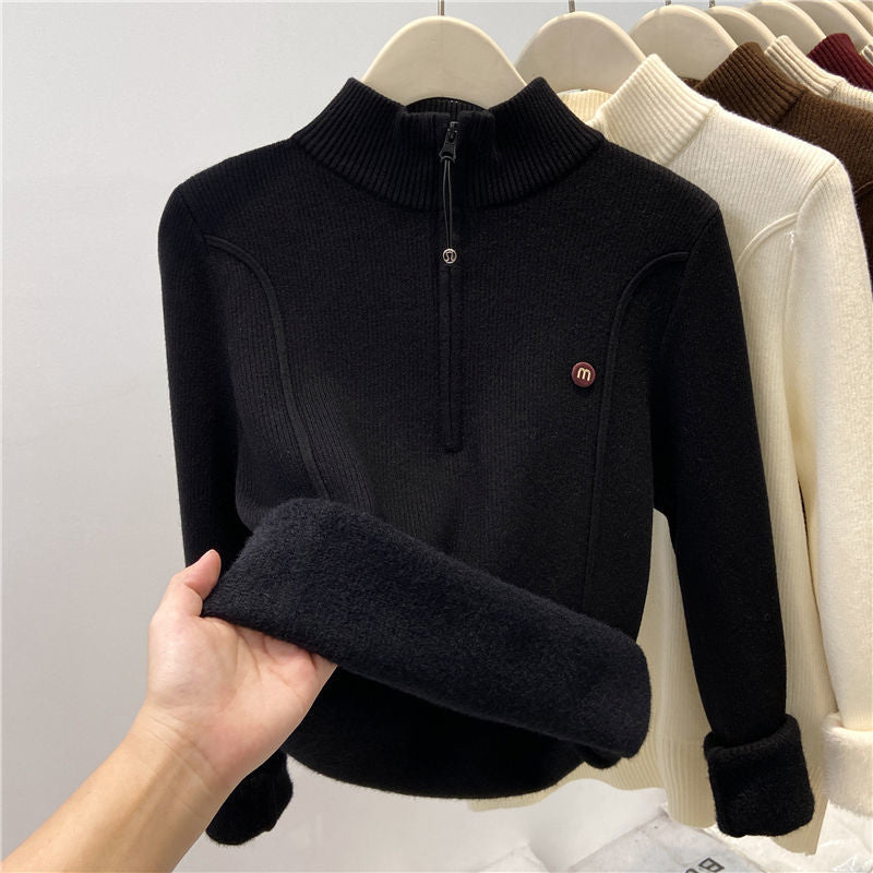 Gefütterter Damen-Strickpullover mit Reißverschluss und Stehkragen