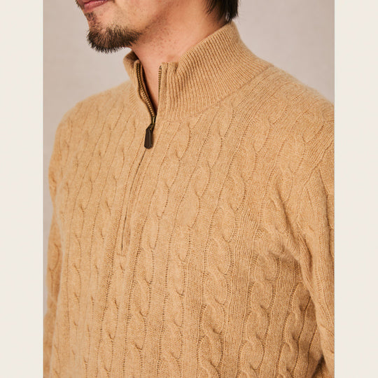 Herren-Strickpullover, Stehkragen mit Reißverschluss, Zopfmuster