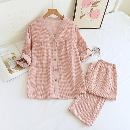 Damen-Pyjama-Set aus Baumwoll-Doppelgaze im Karomuster