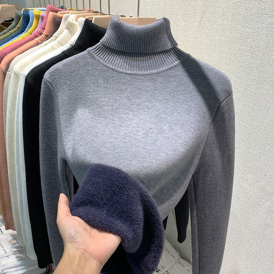 Gefütterter Damen-Rollkragenpullover, gestrickt, schmal geschnitten