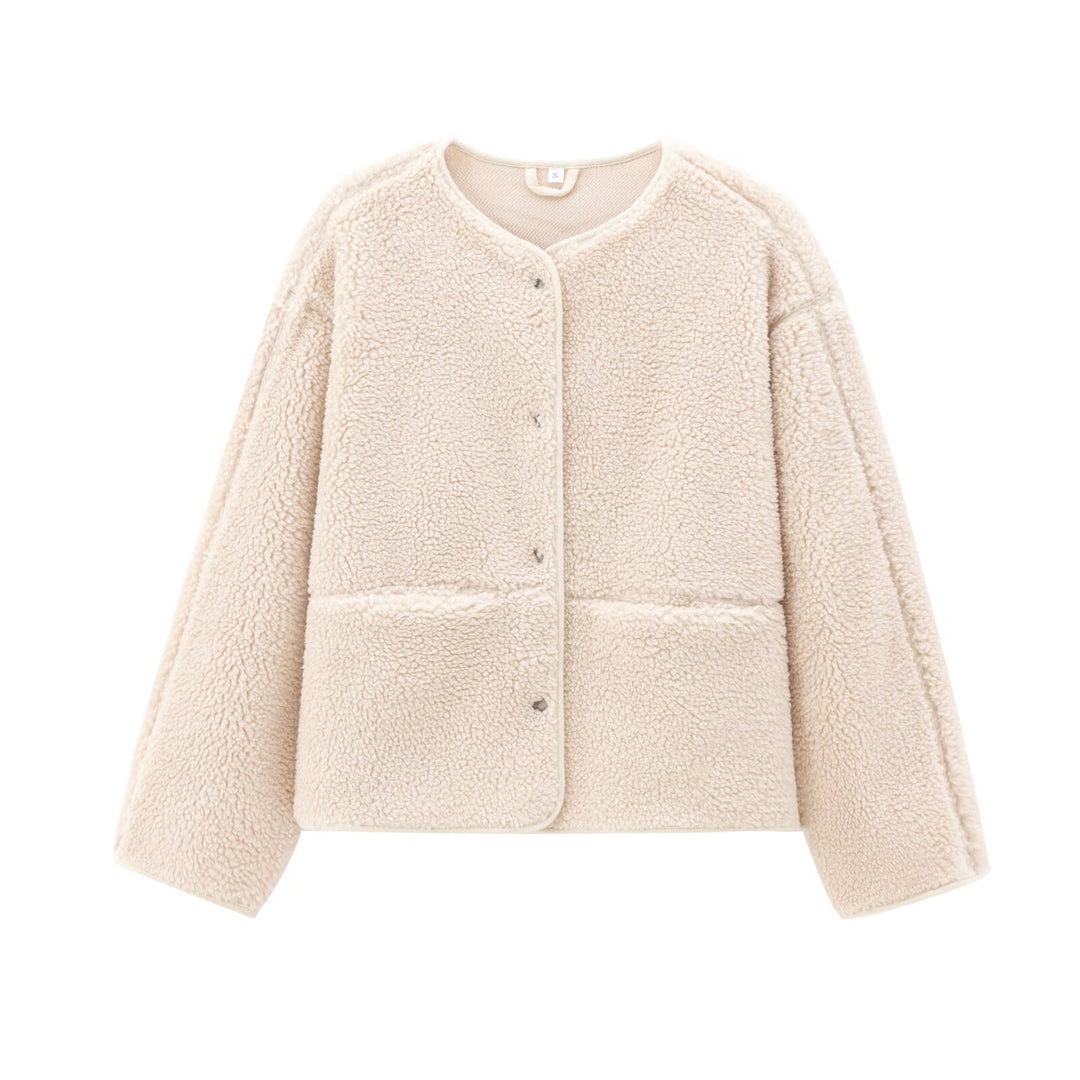 Damen Teddyfleece-Jacke, Rundhalsausschnitt, schlicht