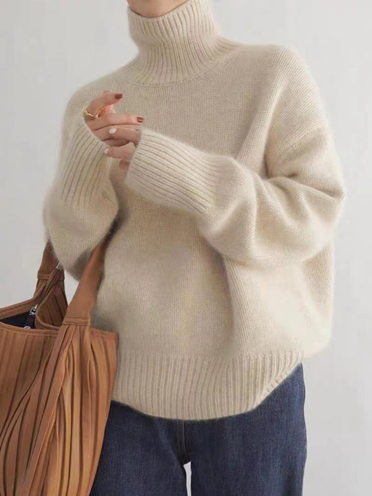 Damen-Wollpullover, hoher Kragen, lockere Passform