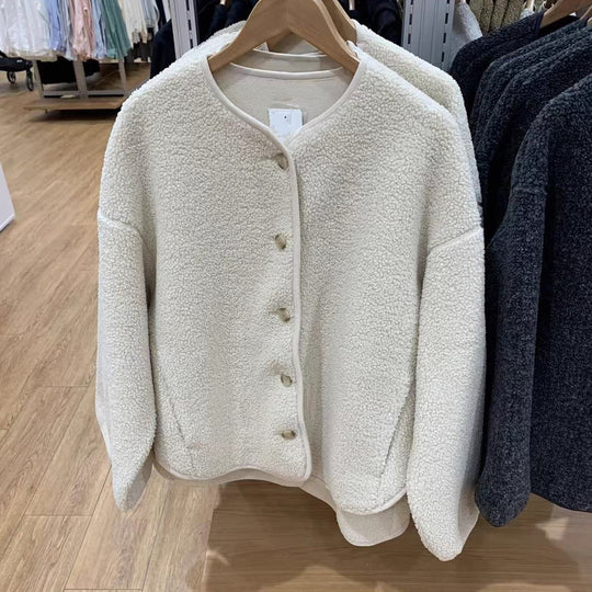 Lässige Fleece-Strickjacke mit Lammfell-Optik