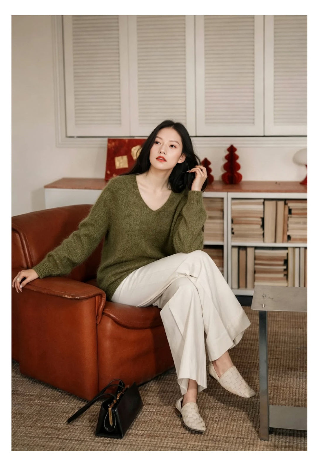 Damen-Strickpullover aus Wollmischung mit V-Ausschnitt
