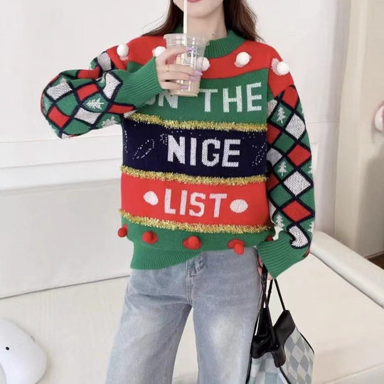Damen-Weihnachtspullover mit Buchstaben-Jacquard und Goldstreifen