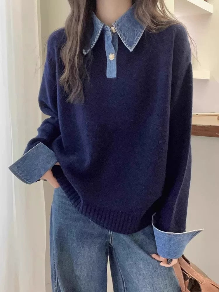 Damen-Strickpullover mit Polo-Kragen und Jeans-Ärmeln