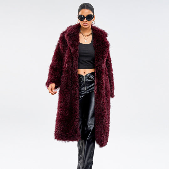 Langer Damen-Kunstpelzmantel im Schneefuchs-Look