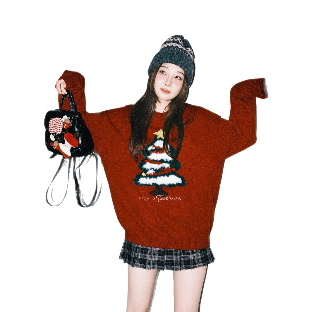 Unisex-Strickpullover, Weihnachtsbaum-Motiv, Kontrastfarben