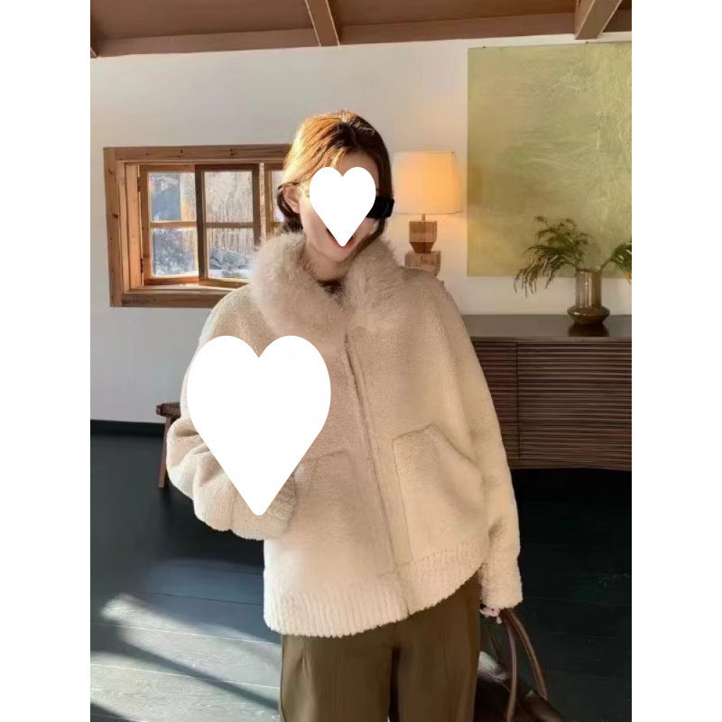 Damen-Lammfellimitat-Jacke mit Kragen