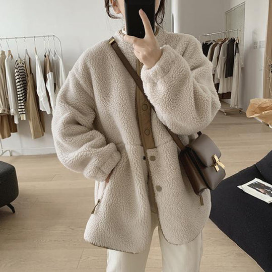 Damen-Lammfellimitat-Jacke, Stehkragen, gefüttert