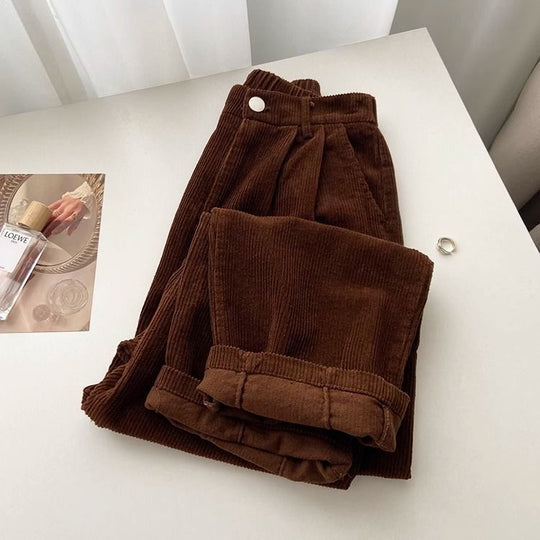 Damen-Cordhose, weit geschnitten, hoch tailliert, gesteppt