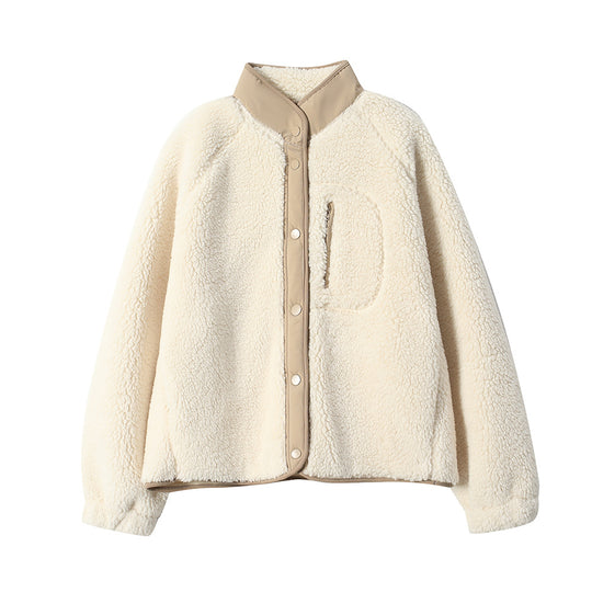 Gefütterte Fleecejacke mit Lammfell-Optik und Stehkragen
